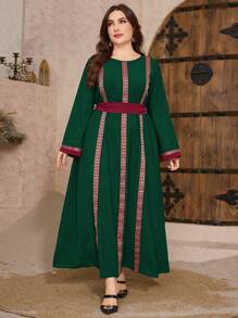 Al Najma 女士拼接宽松休闲连衣裙，圆领，喇叭袖，加大码，阿拉伯复古风格 - 綠色 - 查看 2
