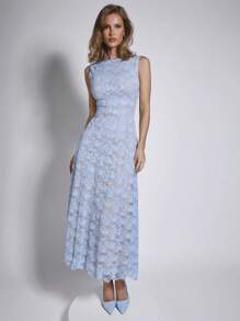 COSMINA 优雅女士蓝色蕾丝无袖中长连衣裙，适合春夏季