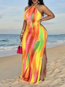 Veslaya Nuevo vestido de talla grande para vacaciones en la playa con espalda descubierta, cuello halter, estampado de teñido anudado y abertura lateral - Multicolor - Ver 2