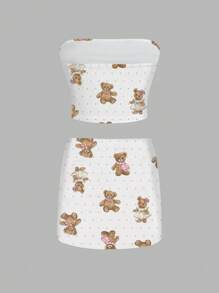 SHEIN EZwear Cute Bear Print Crop Top And Mini Skirt 2 Pieces Set - White - View 2