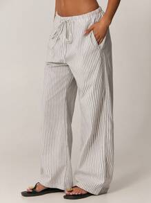 Forever 21 夏季新款松紧腰抽绳海滩度假条纹休闲女式编织长裤 - 彩色 - 查看 4