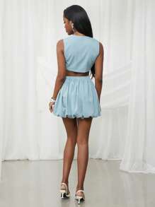 SHEIN Unity Falda mini a rayas verticales con bajo globo, para primavera, verano, ocasiones especiales, negocios, oficina, boda, fiesta, cena, baile de graduación, Acción de Gracias, Navidad, Año Nuevo para mujeres - Azul - Ver 6