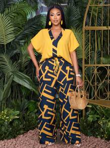 Maweii 2025 大码女装几何图案印花拼布衬衫和印花阔腿裤套装两件套新款几何图案度假海滩度假休闲野餐音乐会音乐节返校季 - 黃色 - 查看 5