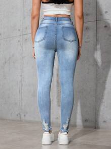 SHEIN Essnce Women's Front Button Pocket Distressed Minimalist Casual Denim Jeans - Light Wash - View 2