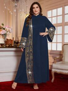 Al Najma Plus Size New Elegant Stand Collar Long Sleeve Pearl Embroidery Luxurious Ladies Robe Classy Dresses For Women Luxury Dress For Women,Modest - Navy Blue - View 4