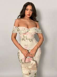 Firerie Women's Off Shoulder Floral Print Fitted Short Sleeve Mini Dress,Spring Dresses For Women,Graduation Dress,Floral Dress,Modest Dresses For Women,Spring Break Dresses,Mesh Dress, Summer Slimming Figure-Flattering Long Dress, Waist Cinched Bodycon Dress For Commuting/Elegant/Sexy/Vacation/Beach/Romantic/Date/Valentine's Day/Concert/Performance/Party/Wedding Season/Back To School - Multicolor - View 3