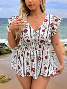 Breezaya 大码波西米亚风女式随机印花 V 领荷叶边袖腰部收口花卉帽袖休闲衬衫，舒适百搭，适合新年、音乐节、情人节、狂欢节、休闲聚会、海滩度假、公园野餐、通勤等。面料舒适，设计时尚，物有所值。，适合夏季