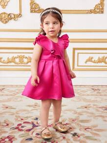 女婴优雅迷人缎面荷叶边连衣裙，玫瑰红色 - 玫紅色 - 查看 5