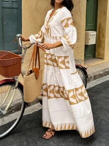 SHEINBlues Damen Boho Geometrisches Muster Gewebtes Kleid mit Langarm