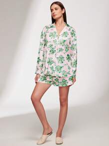 LUVLETTE Silky Satin Green Floral Print Button-Up Top & Shorts Loungewear Airy Women Pajama Set Pants With Pockets Lounge Sets For Women Lingerie