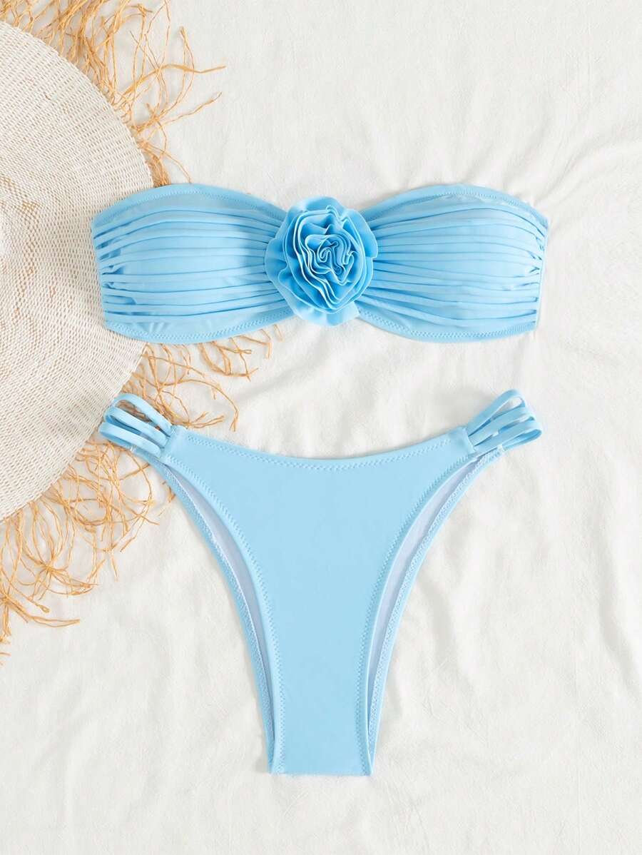 SHEIN Swim Mod Women's Plain Color Floral 3D Decoration Beach Bikini Swimwear Set, For Summer Beach Vacation - Blue - View 1