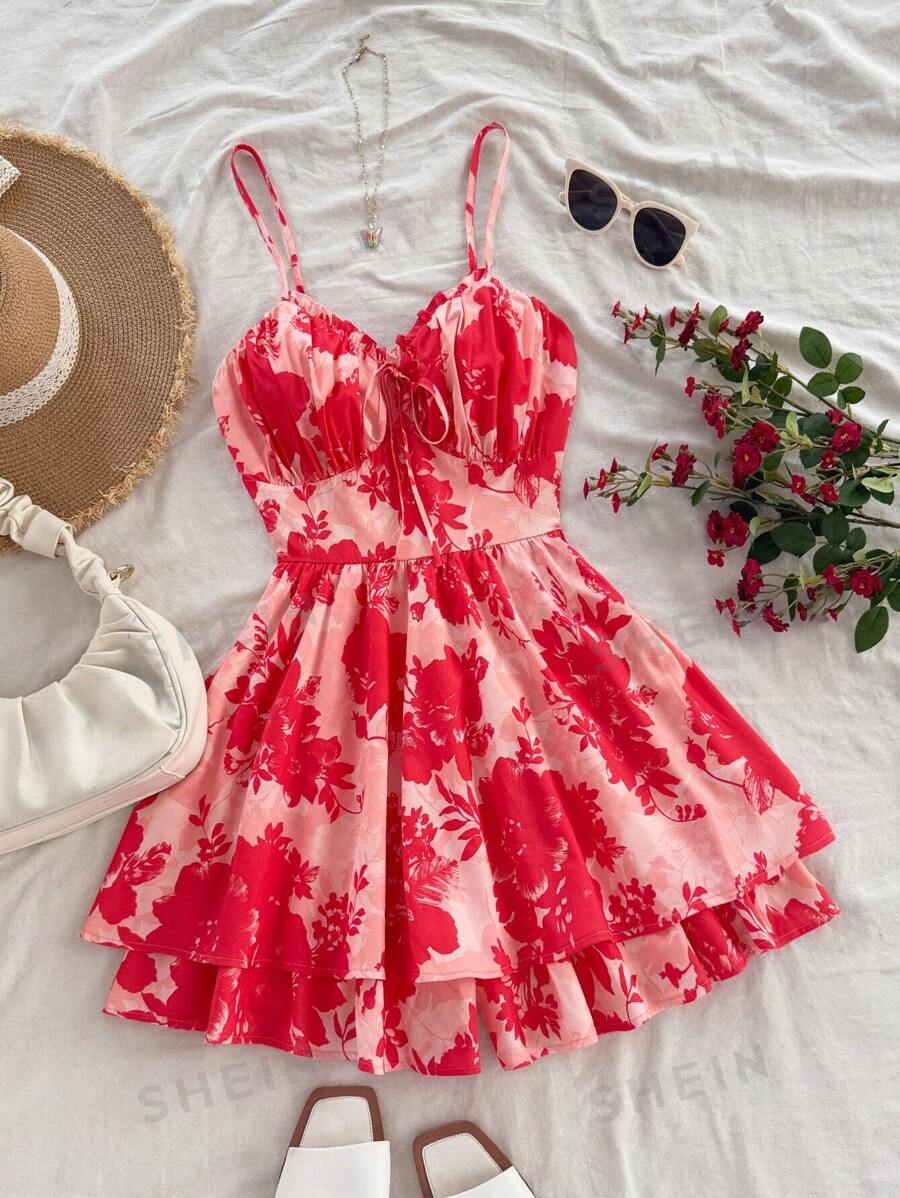 Soleia Mono de verano con volantes de mujer con estampado floral de silueta roja, tirantes de espagueti, escote con volantes, cintura fruncida y silueta en línea A, adecuado para fiesta, Navidad, cita, San Valentín, té de la tarde, boda - Rojo - Ver 1