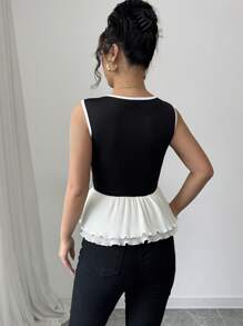 Chiquease Women Bow Decor Minimalist One Shoulder Lace Elegant T-Shirt - Black and White - View 2