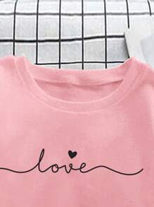 SHEIN Set da 2 pezzi per ragazze adolescenti: top a maniche corte, collo tondo, casual con scritta "LOVE" a mano e motivo a cuore, adatto per l'estate