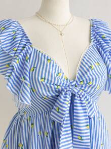 Soleia Plus Size Women Vacation Spring Blue Striped Lemon Printed Cap Sleeve Front Tie Hem Blouse - Multicolor - View 4