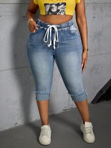 SHEIN SXY 大码磨边下摆松紧腰抽绳紧身七分牛仔裤 - 中等水洗藍 - 查看 5