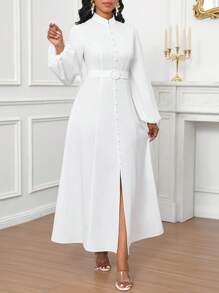 SHEIN Lady Women's Solid Color Stand Collar Lantern Sleeve Split Hem Casual Dress