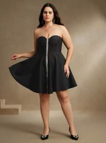 Anewsta Elegant Black And White Summer Curve Plus Size Women Wedding Guest Cocktail Dress,Sparkling Rhinestone Decor,High Waisted A-Line Silhouette,Goddess - Black - View 6