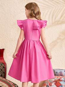 SHEIN Vestido informal para niñas preadolescentes con mangas de vuelo, recorte de volantes asimétrico y elegante - Rosa Fucsia - Ver 2