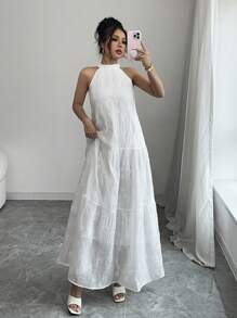 Rafferiza 女士纯色简约时尚休闲日常连衣裙 - 白色 - 查看 7