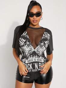 SHEIN SXY 休闲复古风短袖上衣，网眼拼接做旧吉他图案印花宽松T恤，适合日常穿着和音乐节，百搭上衣 - 深灰色 - 查看 7