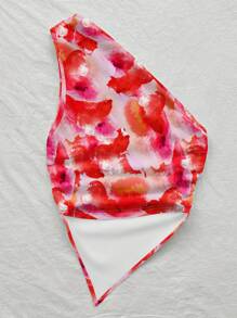 Soleia Damen Rot Blumen Aquarell Muster Asymmetrischer Saum Asymmetrischer Hals Top, Sommerurlaub