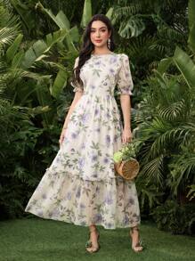 Modelyn Asymmetric Digital Printed Tiered Hem Short Sleeve Dress For Women - Multicolor - View 7