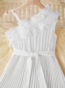SHEIN Tween Girls Elegant Solid Color Asymmetric Ruffled Hem Pleated Dress - White - View 4