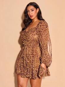 SHEIN BAE Plus Size Women's Brown Leopard Print Chiffon Dress,Autumn Elegant Night Out Club V-Neck Bowknot Tie Bishop Sleeve Side Slit Casual Beach Party - Brown - View 5