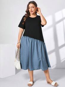 SHEIN Essnce Váy dài vừa phải chấm bi xanh đen thời trang xuân hè cỡ lớn cho nữ, trang phục bảo thủ, trang phục mùa hè, váy mùa xuân cho phụ nữ, quần áo mẹ và con gái - màu đen - Xem 5