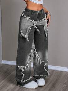 SHEIN EZwear Pantalones vaqueros de pierna ancha y holgados para mujer con flecos y remiendos