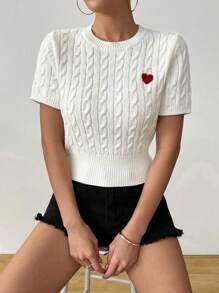Chiquease Top cómoda, linda y dulce con bordado de corazón blanco a juego