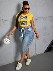 SHEIN SXY 大码磨边下摆松紧腰抽绳紧身七分牛仔裤 - 中等水洗藍 - 查看 6