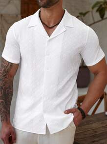 Manfinity Homme Plus Size Men's Casual Solid Color Textured Short Sleeve Shirt - Beige - View 5