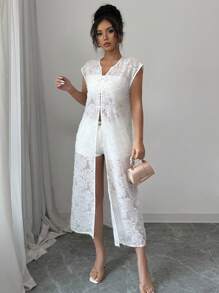 Elenzga 女式无袖纹理网眼雏菊毛茸茸透明优雅百搭衬衫 - 白色 - 查看 4