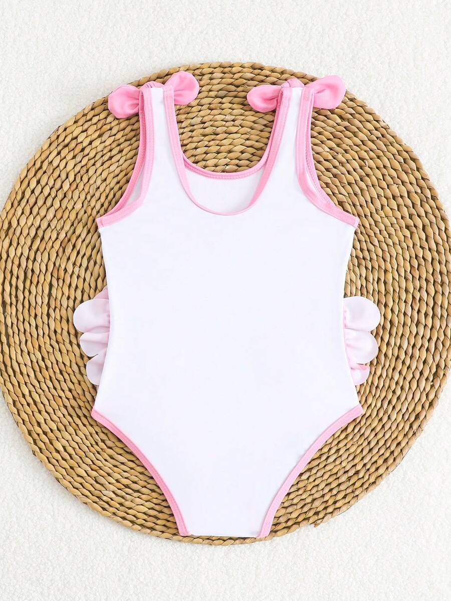 Young Girls One-Pieces Swimsuit Cute Flamingo Print Girl Swimsuit Pink Bow Element Three-Dimensional Wings Flamingo Swimsuit Polyester Fabric For Summer Seaside And Pool - White - View 1