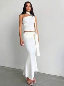 Aloruh Women's Solid Color Ruched Shoulder Top & Mermaid Hem Skirt 2 Pieces Set - White - View 7