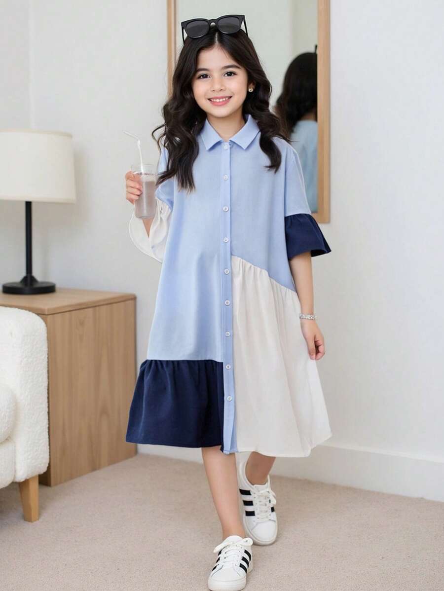 SHEIN Tween 女童休闲纯色褶皱拼布荷叶边荷叶边袖修身连衣裙，返校日日常穿着