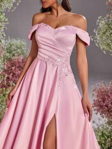 Glamrae Váy xòe xếp nếp bằng vải satin hở vai sang trọng, sang trọng, phù hợp cho đám cưới, tiệc tùng, cocktail, sự kiện trang trọng, váy dự tiệc, váy dự tiệc cưới, váy dạ hội - Bụi hồng - Xem 2