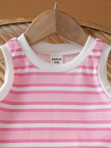 BABY GIRL 纹理粉色条纹短款上衣和闪亮褶皱阔腿裤套装，休闲夏季服装 - 粉色 - 查看 5