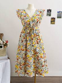 Soleia Plus Size Women's Spring Floral Print Tie-Waist Deep V-Neck Drawstring Vacation/Beach Midi Dress - Multicolor - View 1