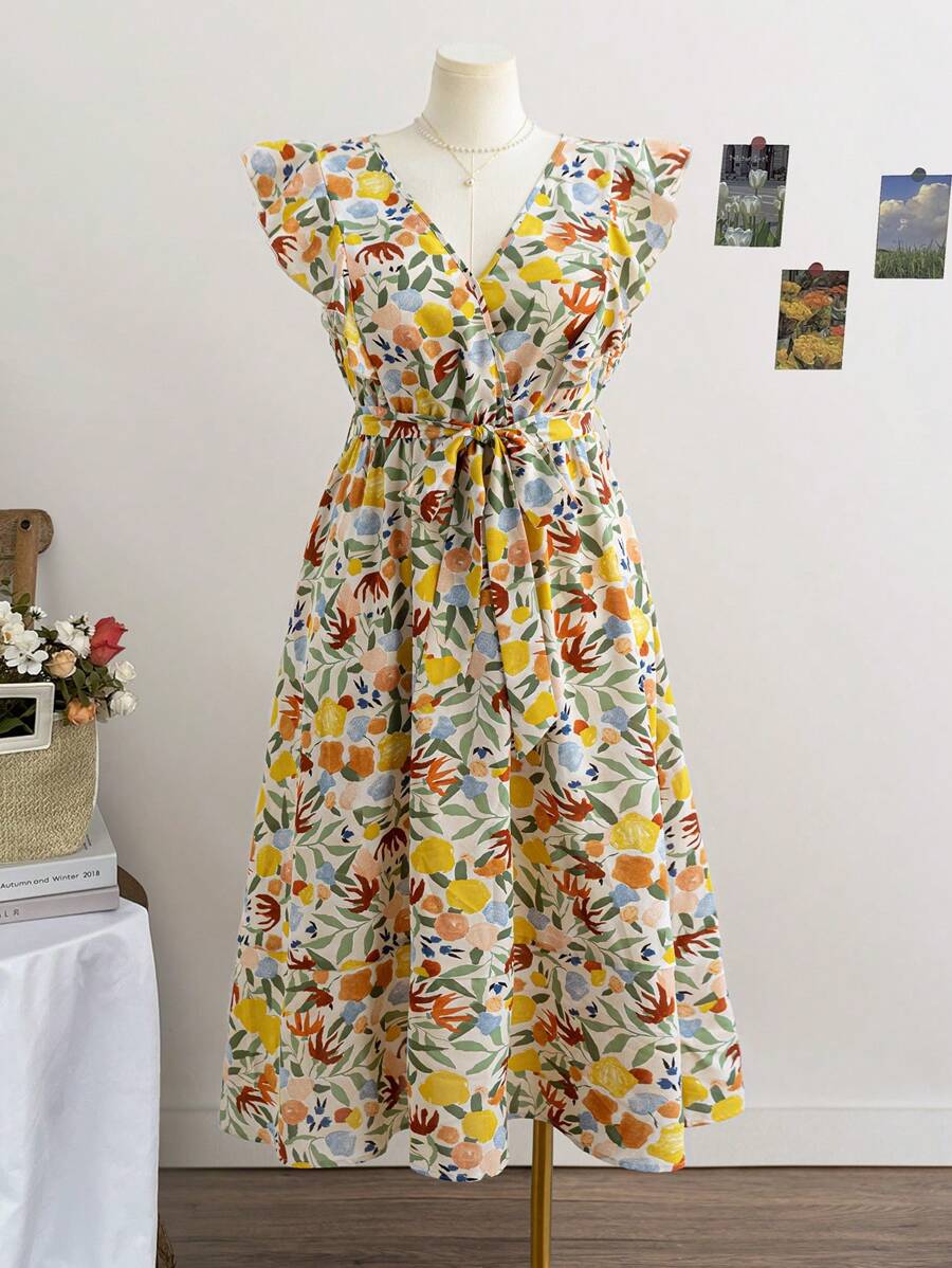 Soleia Plus Size Women's Spring Floral Print Tie-Waist Deep V-Neck Drawstring Vacation/Beach Midi Dress - Multicolor - View 1