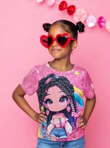 SHEIN Girls Casual Street Style Cute Cartoon Rainbow Glittering Graphic Print Round Neck Short Sleeve T-Shirt, Soft & Comfortable Knitted Fabric, Suitable For Outdoor Activities, Parties, Gatherings And Photoshoot - Hot Pink - View 1