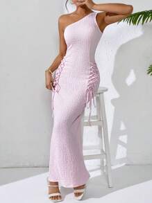 SHEIN Unity Elegant Nobility Sexy Oblique Shoulder Waist Fitting Party Cocktail Dress - Pink - View 5