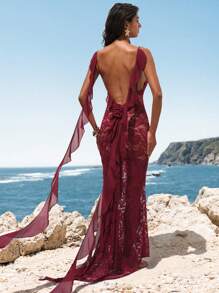 Opulessa Burgundy Summer Elegant Vacation Holiday Outfits Woman Beach Bohemian Boho Festival Wedding Party Formal Bridesmaid Birthday Ladies' Lace Dress - Burgundy - View 3