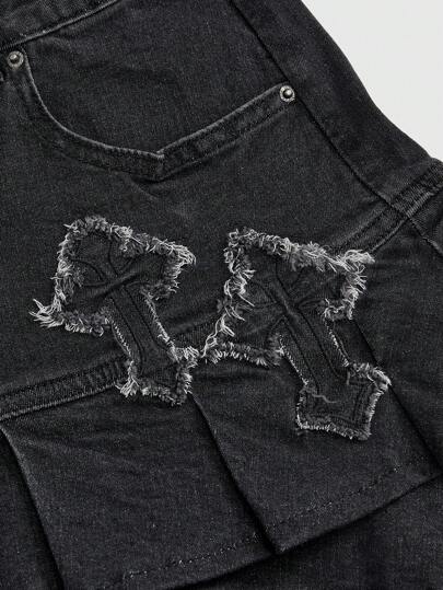 Grunge Punk Summer Y2K Vintage Music Festival Vacation Distressed Cross Embroidered Women's Double Layered Hemline Black Denim Mini Skirt
