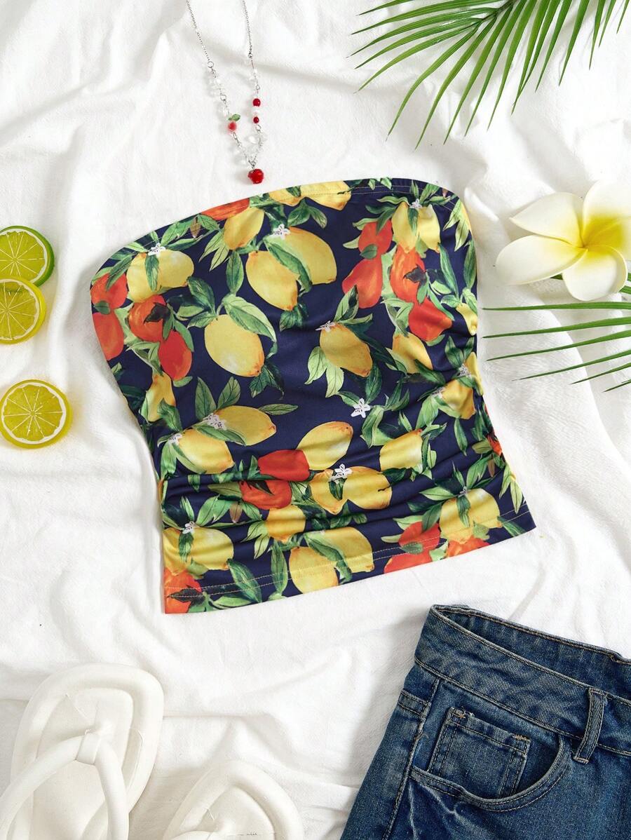 SHEIN Unity Women's Summer Vacation Casual Daily Versatile Oil Painting Lemon Citrus Printed Bandeau Top - Multicolor - View 1
