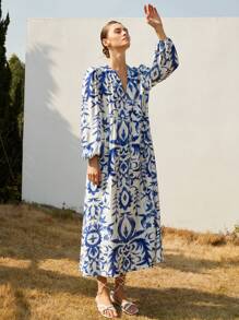 Aveloria Modichic European And American Style Elegant Luxury Elegant Lantern Sleeve V-Neck Cinched Waist A-Line Women Long Dress