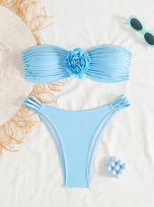 SHEIN Swim Mod Women's Plain Color Floral 3D Decoration Beach Bikini Swimwear Set, For Summer Beach Vacation - Blue - View 5