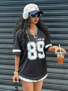 SHEIN Teen Girls Fashionable Loose Fit V-Neck Short Sleeve T-Shirt With Needle & Thread, Letter & Number Print For Spring/Summer - Black and White - View 3